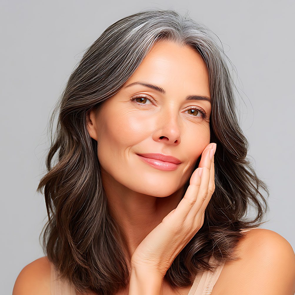 Woman smiling with her hand resting on her cheek