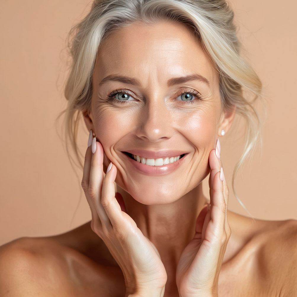 Mature woman smiling and touching her face