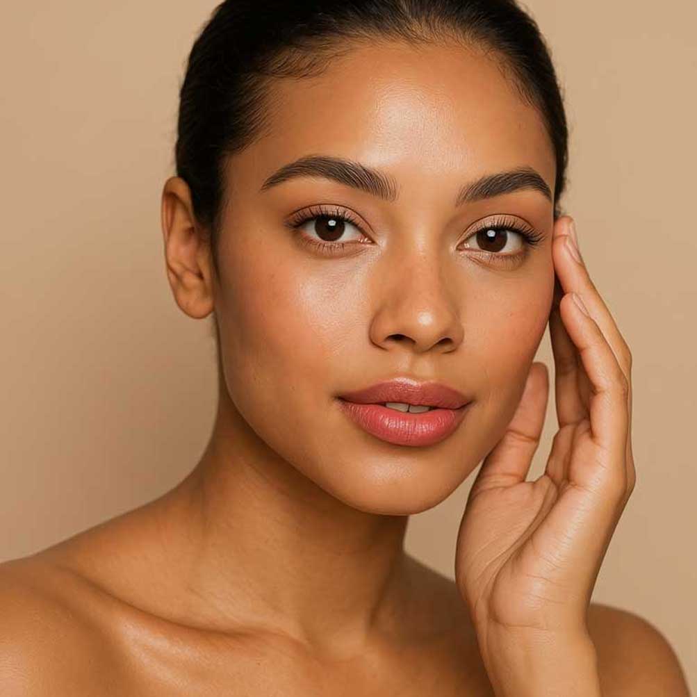 Woman touching her cheek on the laser treatments section
