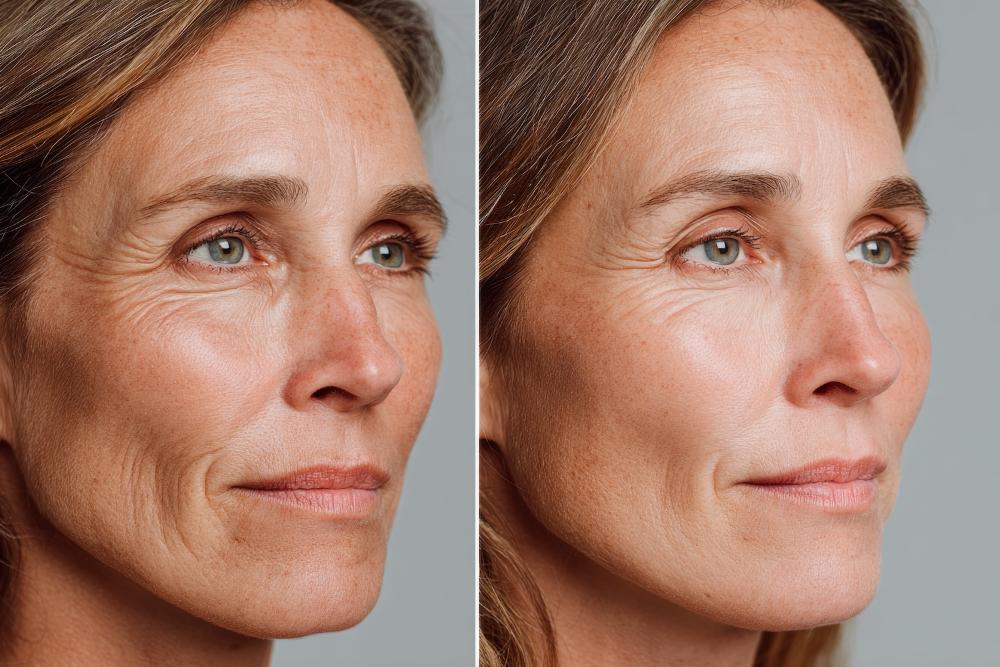 Side-by-side facial line comparison of a mature woman