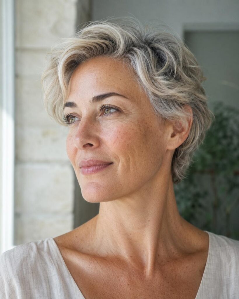 Mature woman with short gray hair in natural light