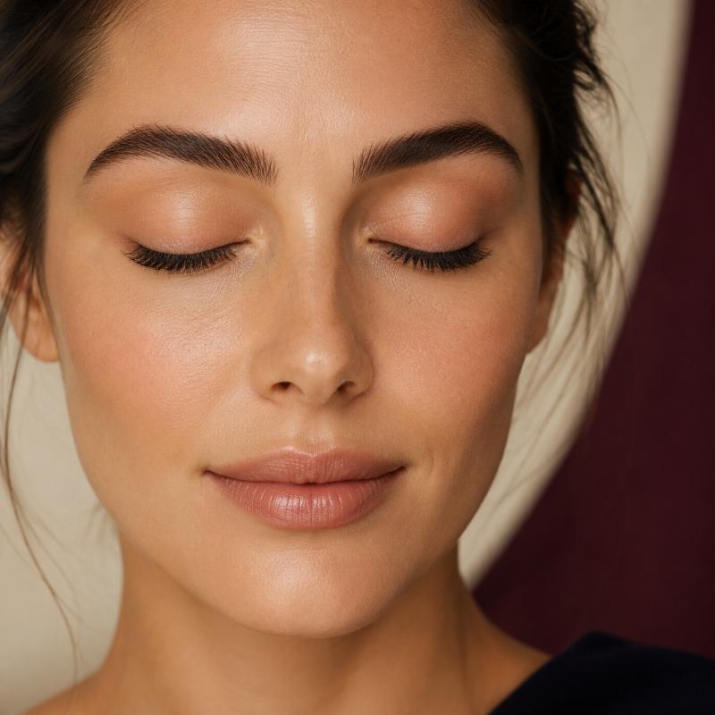 Woman with glowing skin and her eyes closed
